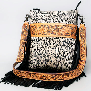 American Darling ADBGS192SNKFRNGA Messenger Hand Tooled Hair On Genuine Leather Women Bag Western Handbag Purse